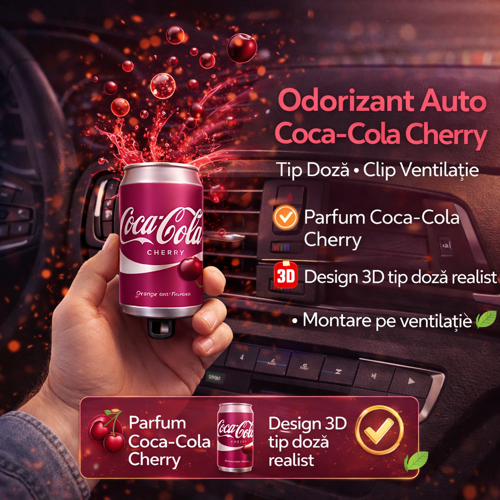 Odorizant Auto 3D Coca Cola Cherry, Tip Doza, Clip Ventilatie, Parfum Intens și Persistent, Design Realist, Vegan Friendly Odorizant Auto 3D Coca Cola Cherry, Tip Doza, Clip Ventilatie, Parfum Intens și Persistent, Design Realist, Vegan Friendly